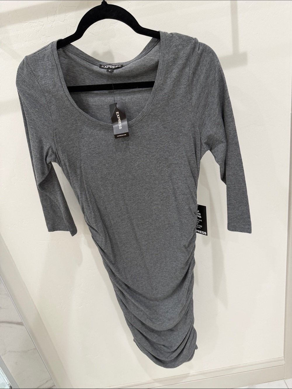 Express Gray Long Sleeve Ruched Scoop Neck Dress